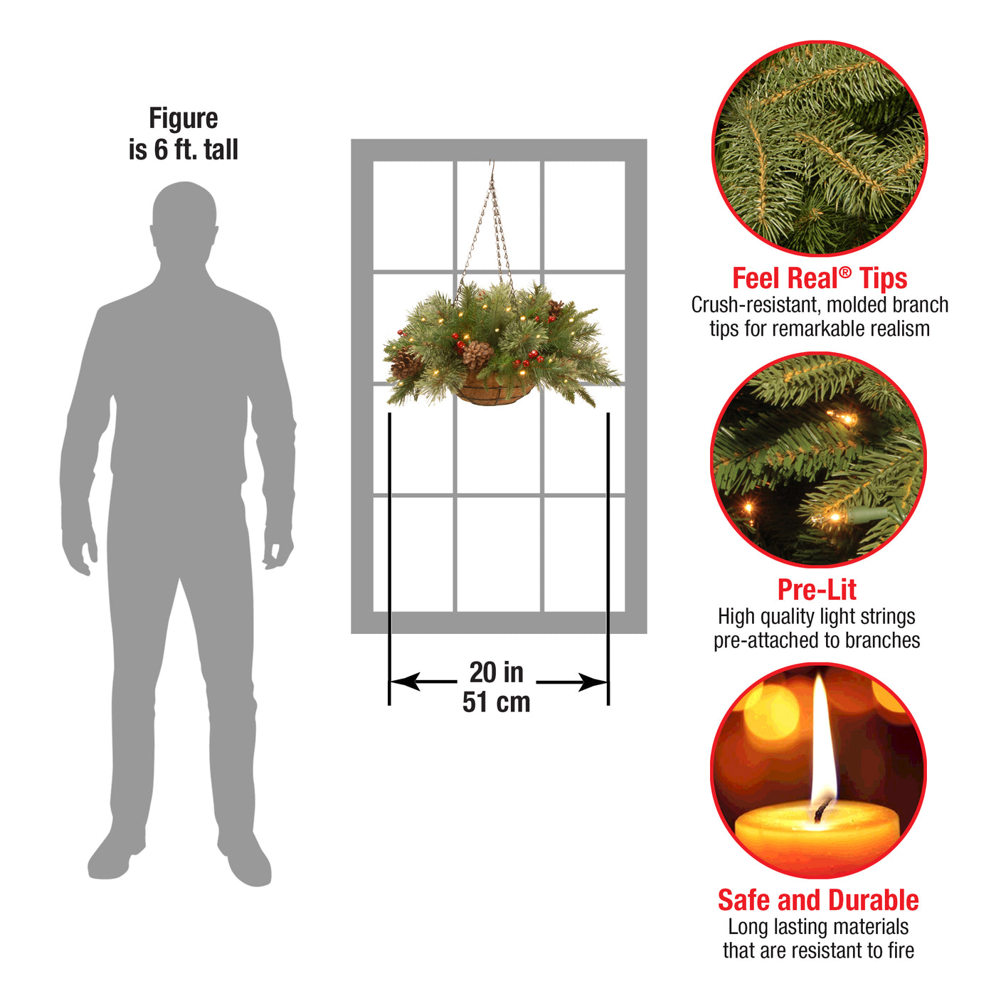 20 in. Pre-Lit Colonial Fir Hanging Basket with LED Lights - National Tree Company