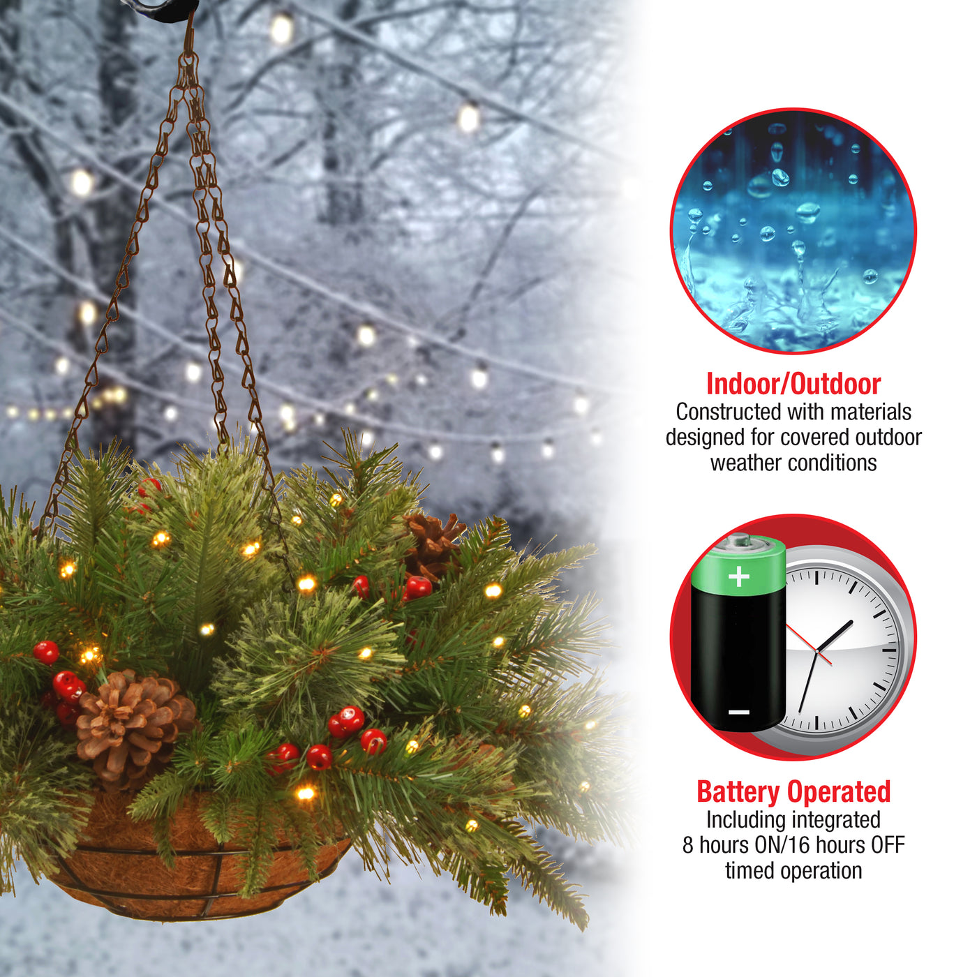 lighted hanging plants National Tree Company 20" Colonial Hanging Basket with Battery Operated Warm White LED Lights