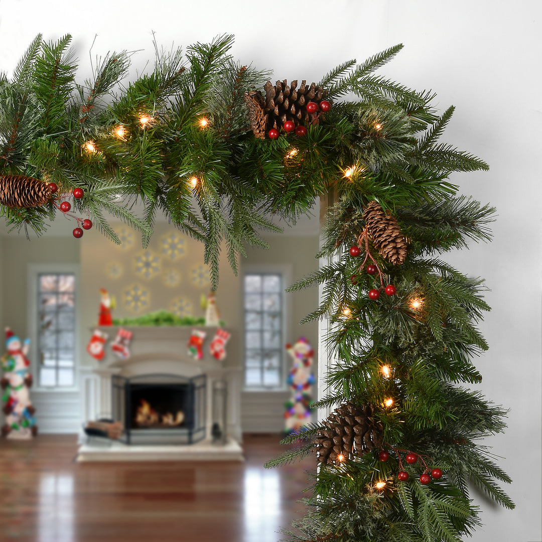 National Tree Company Pre-Lit 'Feel Real' Artificial Christmas Garland, Green, Colonial Fir, White Lights, Decorated With Pine Cones, Plug In, Christmas Collection, 9 Feet