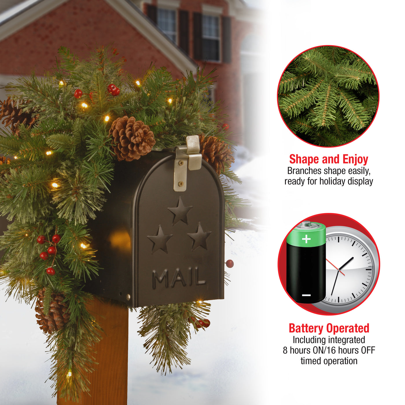 36 in. Pre-Lit Colonial Fir Mailbox Swag with LED Lights - National Tree Company
