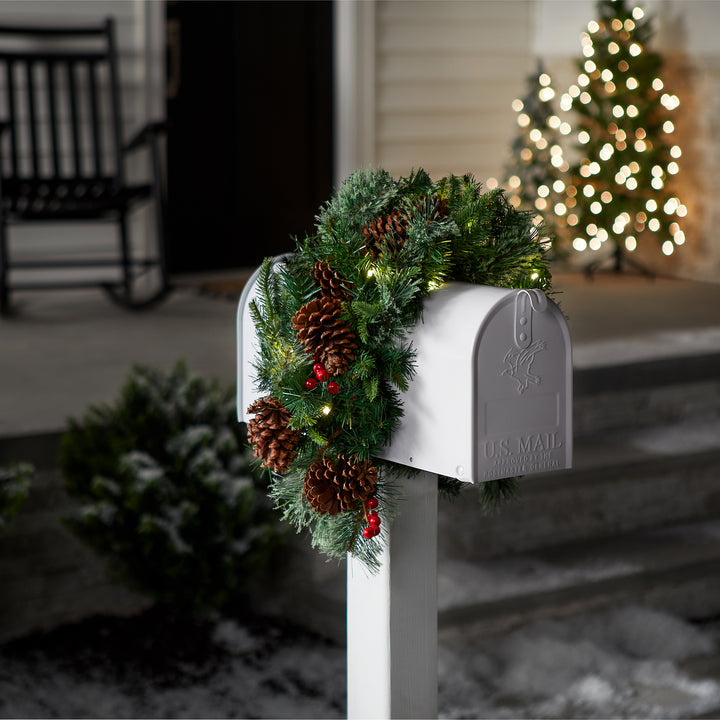 Pre-Lit Artificial Mailbox Swag Decoration, Green, Colonial Fir, LED Lights, Decorated with Pine Cones, Berry Clusters, Christmas Collection, 3 Feet