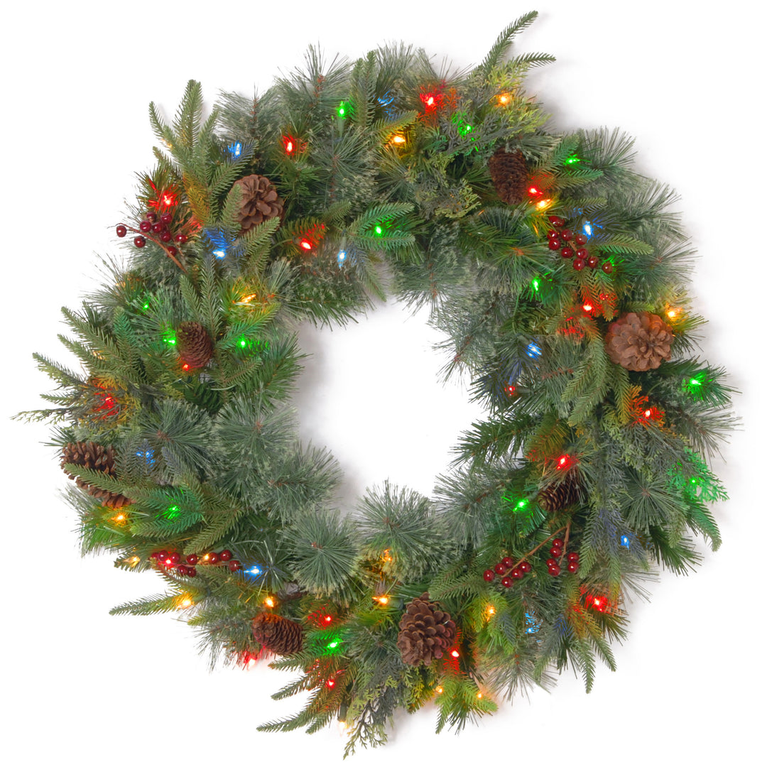 Pre-Lit Artificial Christmas Wreath, Green, Colonial Fir, White Lights, Decorated with Pine Cones, Berry Clusters, Christmas Collection, 24 Inches