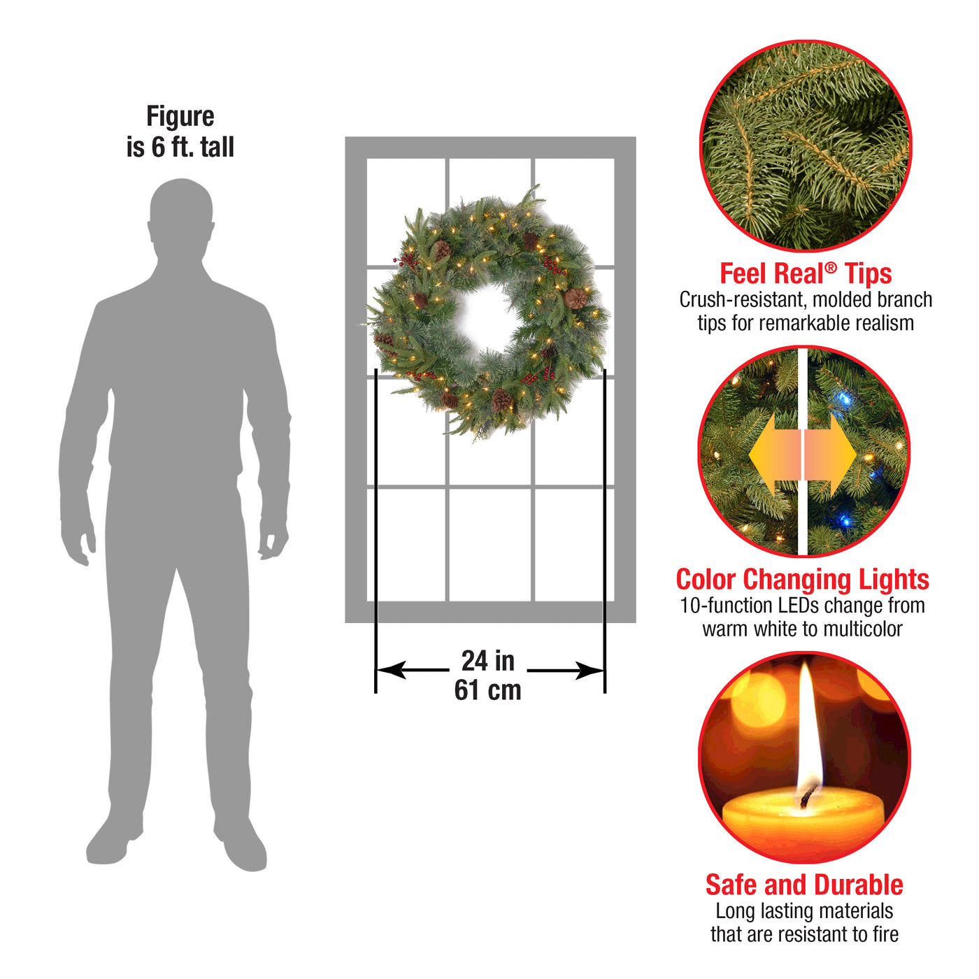 24 in. Pre-Lit Colonial Fir Wreath with Dual Color LED Lights - National Tree Company