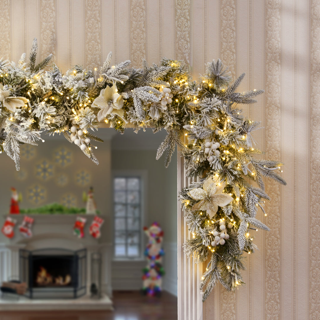 Artificial Christmas Garland, Green, Colonial Fir, Decorated With Flowers, Berry Clusters, Frosted Branches, Christmas Collection, 6 Feet