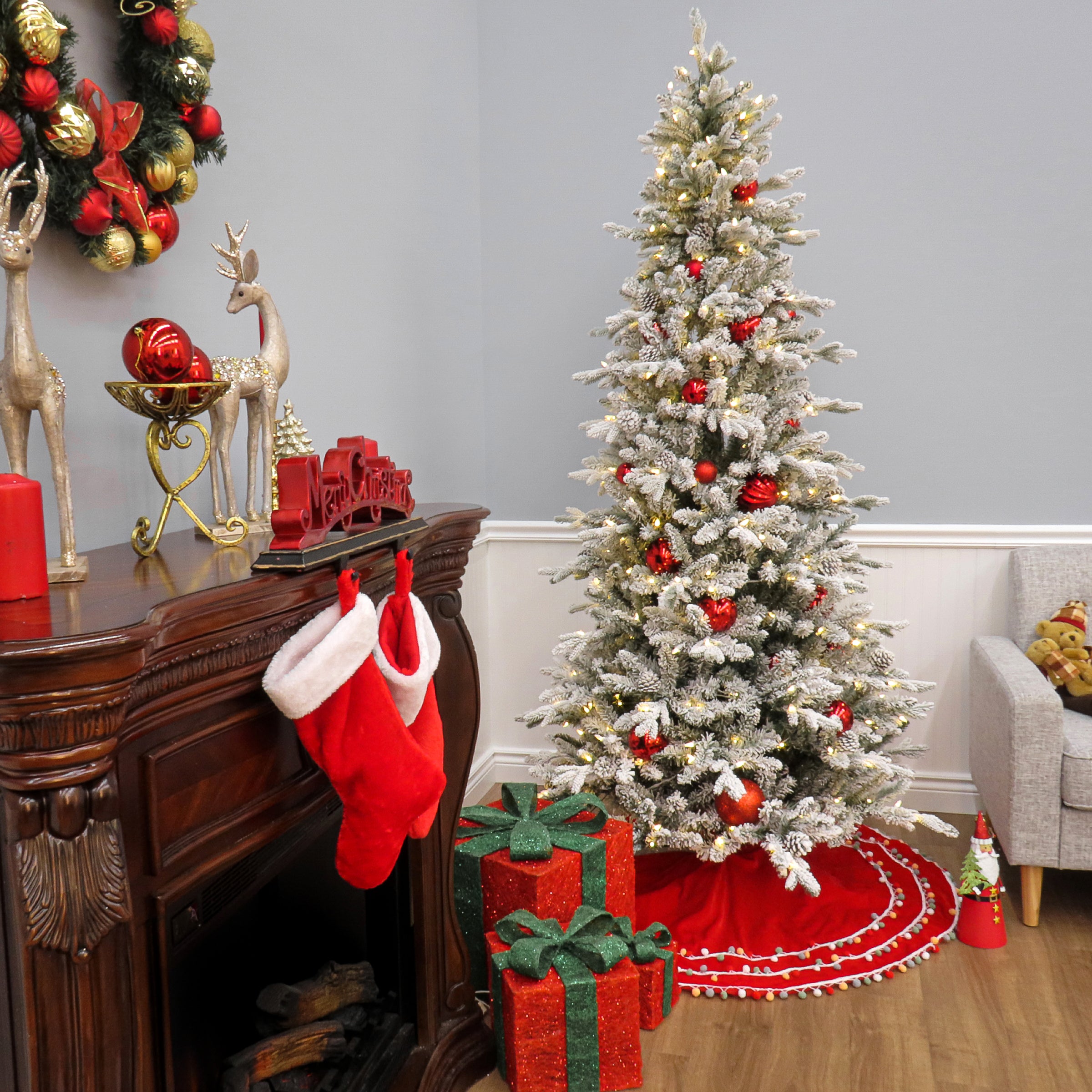 7 ft. Pre-Lit Snowy Calton Pine Tree with LED Lights, Plug-In