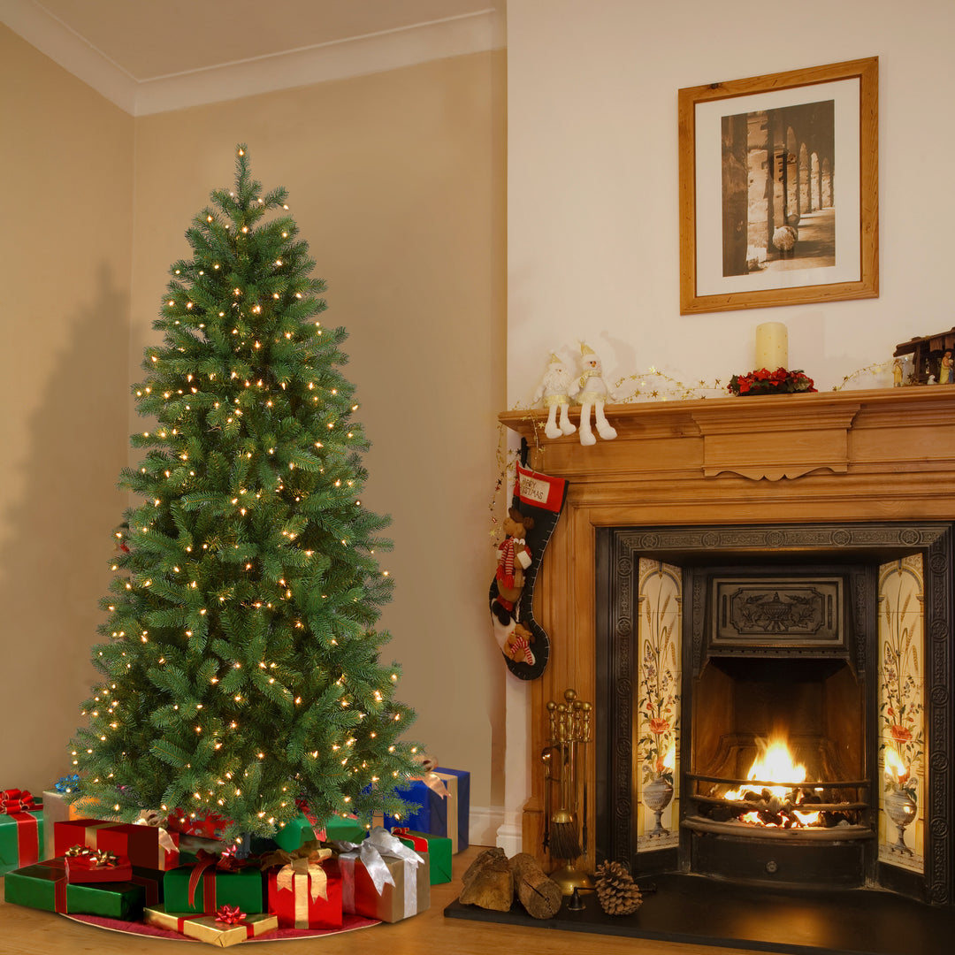 Pre-lit 'Feel Real' Artificial Slim Downswept Christmas Tree, Green, Douglas Fir, White Lights, Includes Stand, 6.5 feet