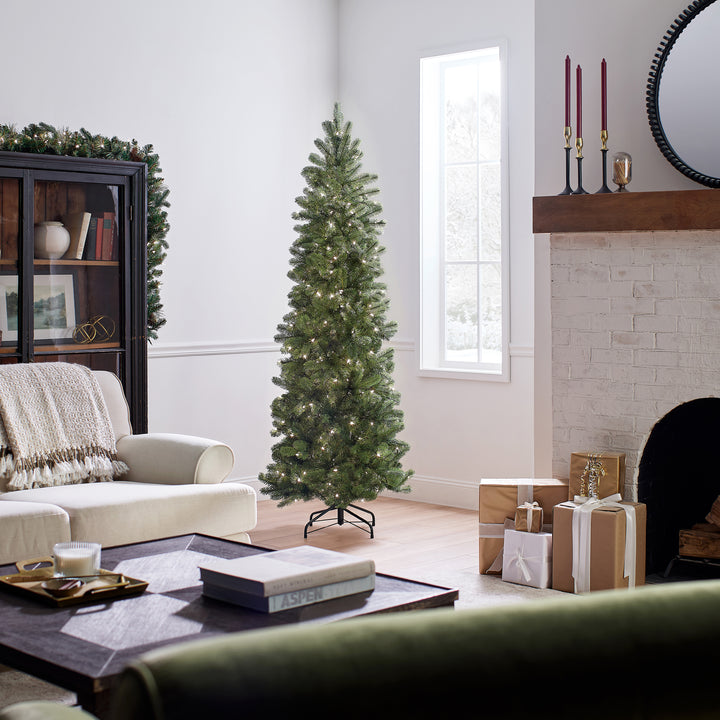 Pre-Lit 'Feel Real' Artificial Slim Downswept Christmas Tree, Green, Douglas Fir, White Lights, Includes Stand, 6.5 feet