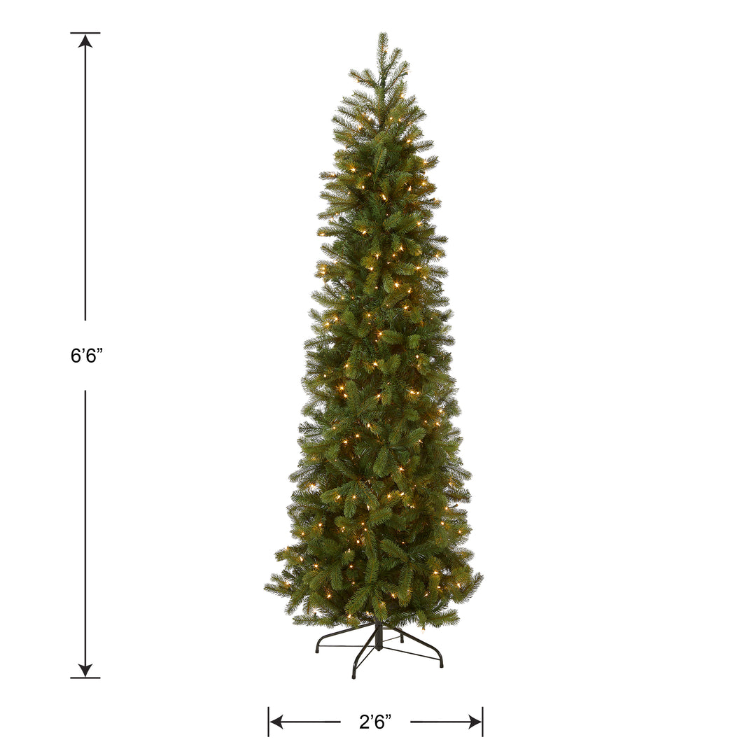 Pre-Lit 'Feel Real' Artificial Slim Downswept Christmas Tree, Green, Douglas Fir, White Lights, Includes Stand, 6.5 feet