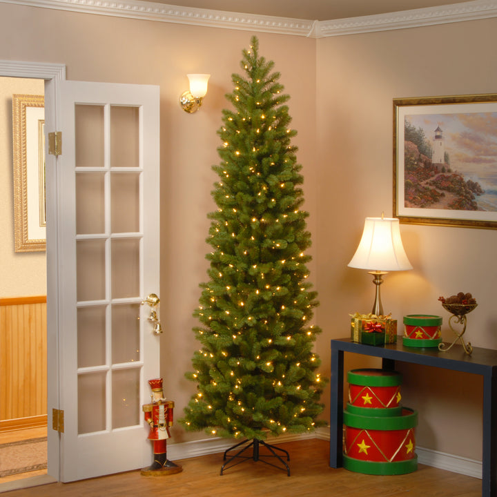 Pre-Lit 'Feel Real' Artificial Slim Downswept Christmas Tree, Green, Douglas Fir, White Lights, Includes Stand, 7.5 feet