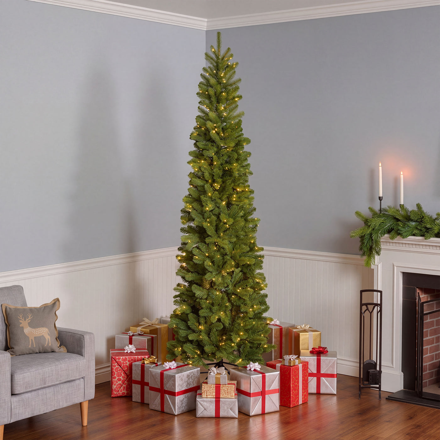 9 ft. Pre-Lit Downswept Douglas Fir Pencil Slim Hinged Tree with Clear Lights, Plug-In - National Tree Company