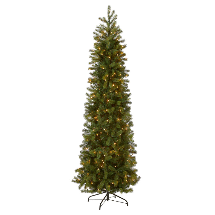Pre-Lit 'Feel Real' Artificial Slim Downswept Christmas Tree, Green, Douglas Fir, White Lights, Includes Stand, 9 Feet