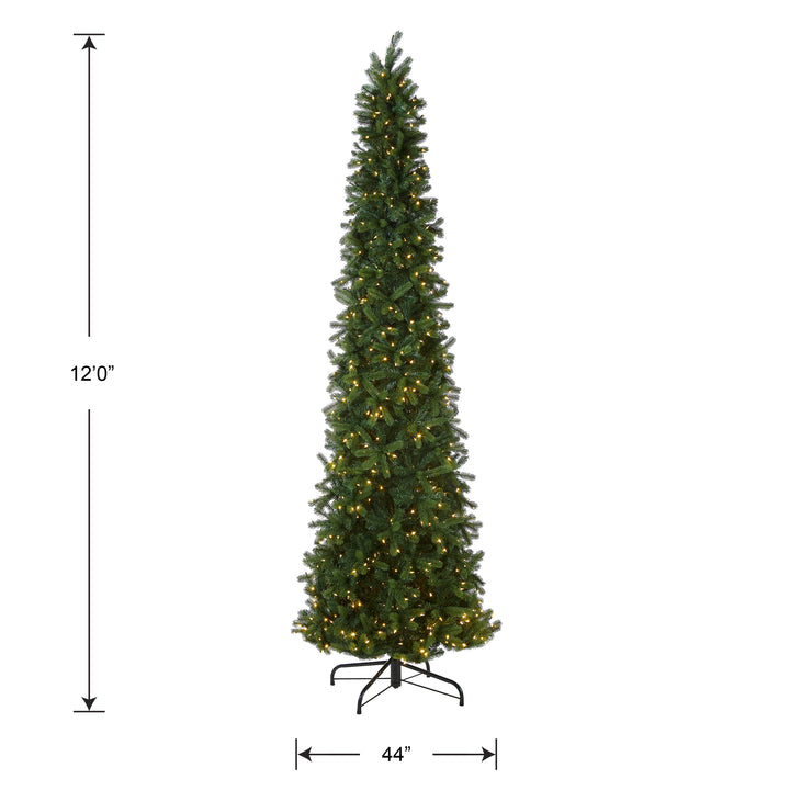 Pre-lit 'Feel Real' Artificial Giant Slim Downswept Christmas Tree, Green, Douglas Fir, Dual Color LED Lights, Includes Stand, 12 feet
