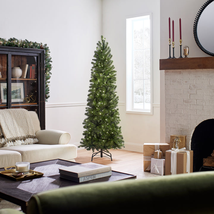 Pre-Lit 'Feel Real' Artificial Slim Downswept Christmas Tree, Green, Douglas Fir, Dual Color LED Lights, Includes Stand, 6.5 feet