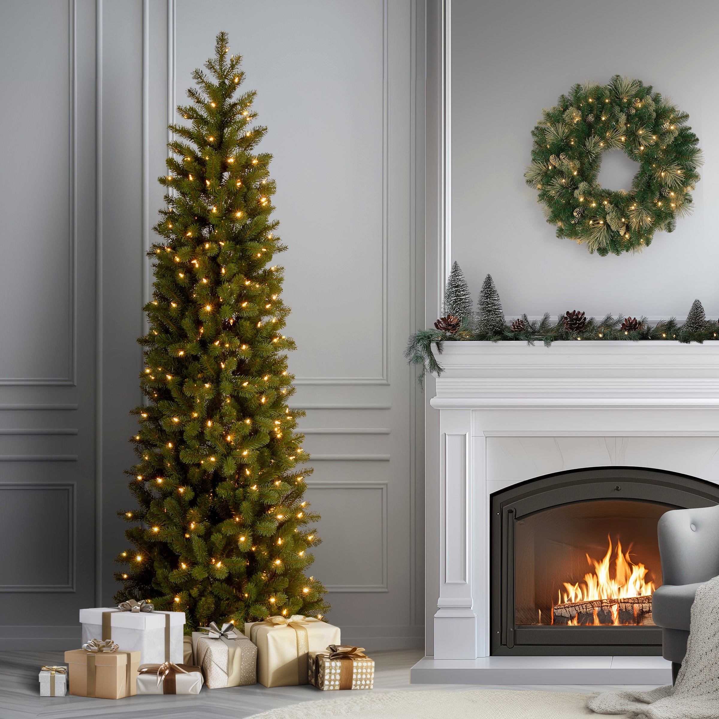 7.5 ft. Pre-Lit Downswept Douglas Fir Pencil Slim Tree with Dual