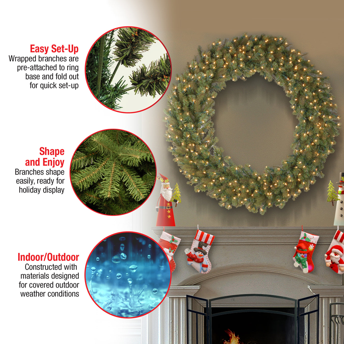 42 in.Pre-Lit Downswept Douglas Wreath with Warm White LED Lights - National Tree Company