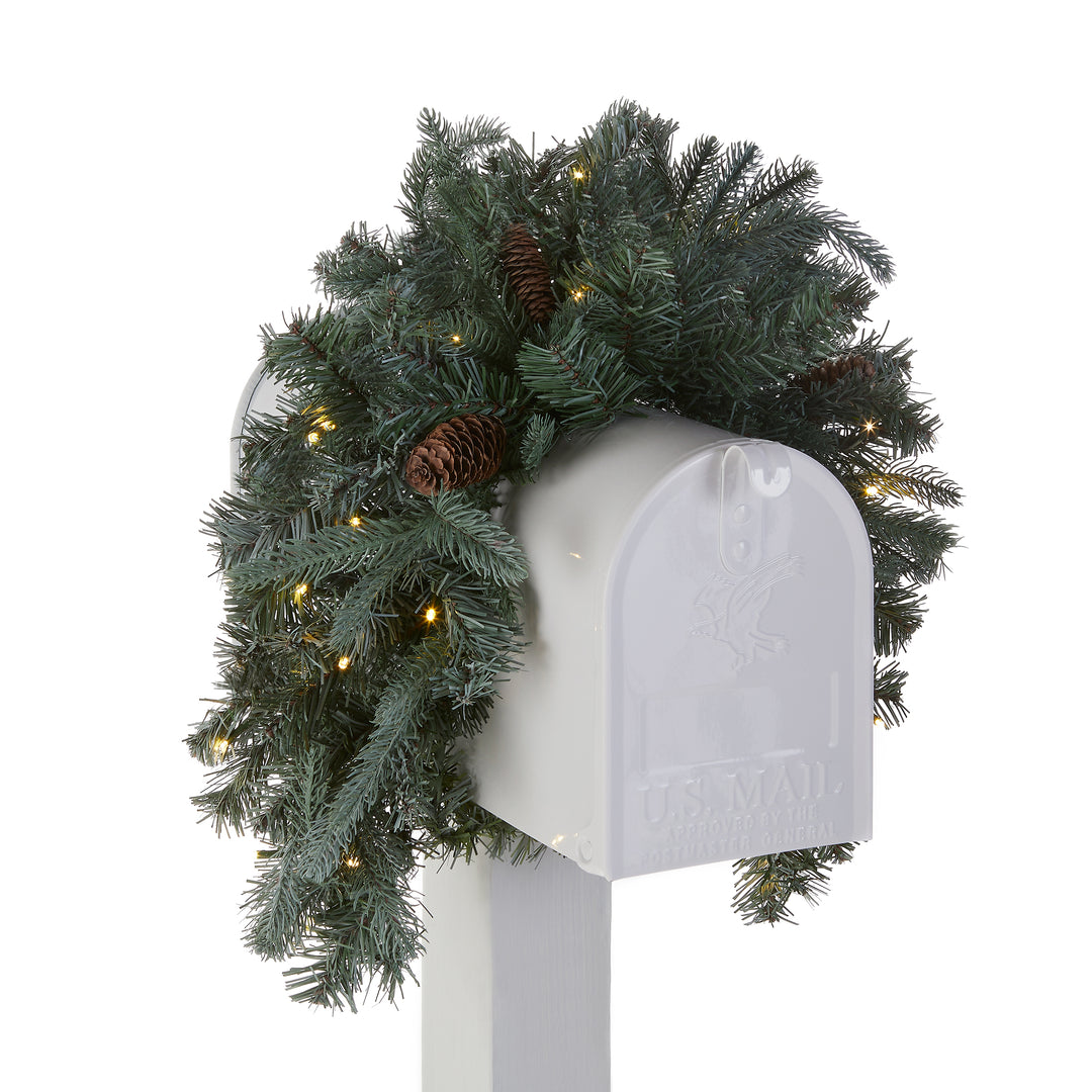National Tree Company Pre-Lit Artificial Mailbox Swag Decoration, Green, Arctic Spruce, LED Lights, Decorated with Pine Cones, Christmas Collection, 3 Feet
