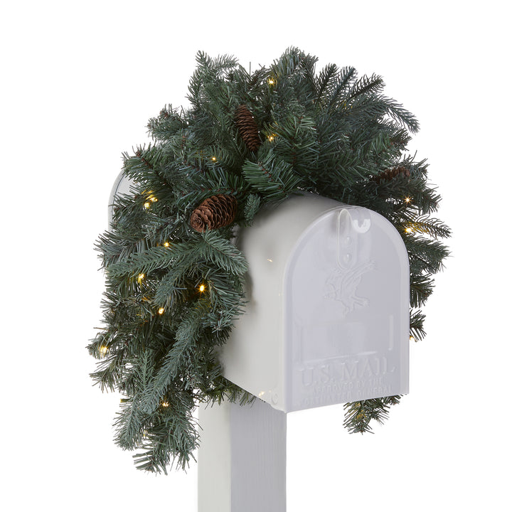 National Tree Company Pre-Lit Artificial Mailbox Swag Decoration, Green, Arctic Spruce, LED Lights, Decorated with Pine Cones, Christmas Collection, 3 Feet