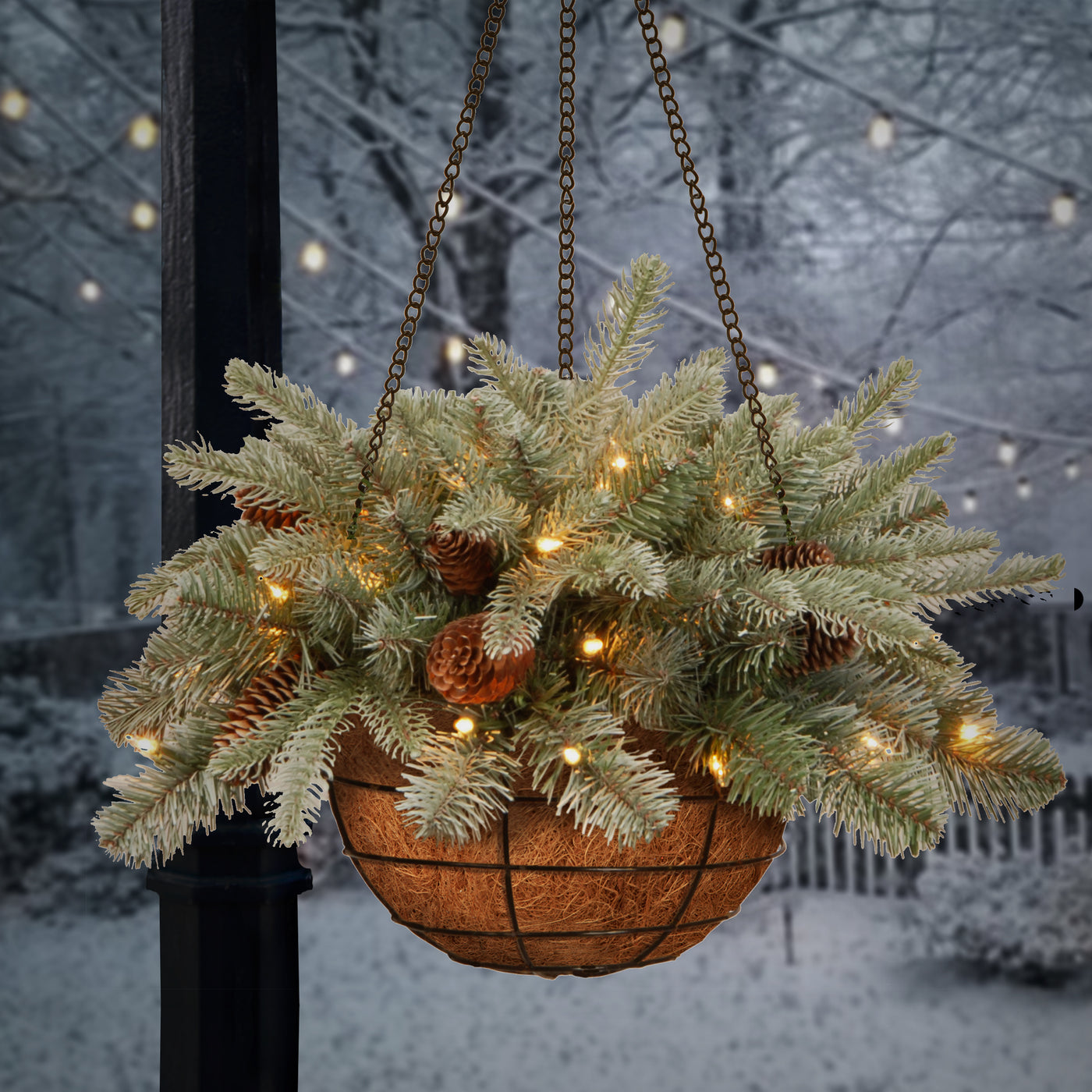 hanging plant christmas 20 in. Pre-Lit Frosted Arctic Spruce Hanging Basket with Warm White LED Lights
