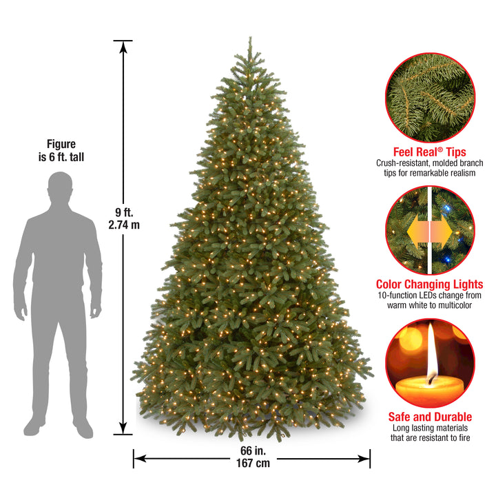 Pre-Lit 'Feel Real' Artificial Christmas Tree, Jersey Fraser Fir, Green, Dual Color LED Lights, Includes Stand, 9 Feet