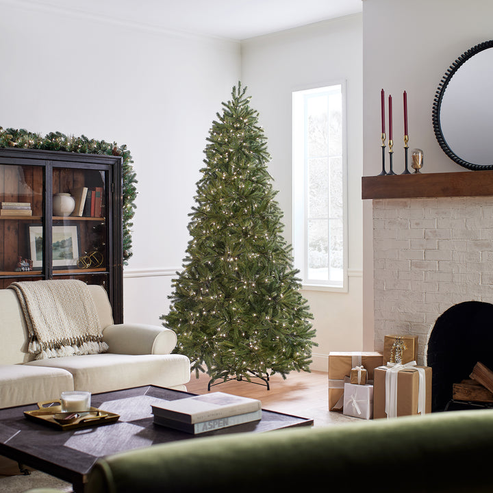Pre-Lit Slim Artificial Christmas Tree, Green, Jersey Fraser Fir, 'Feel Real', White Lights, Includes Stand, 7.5 Feet