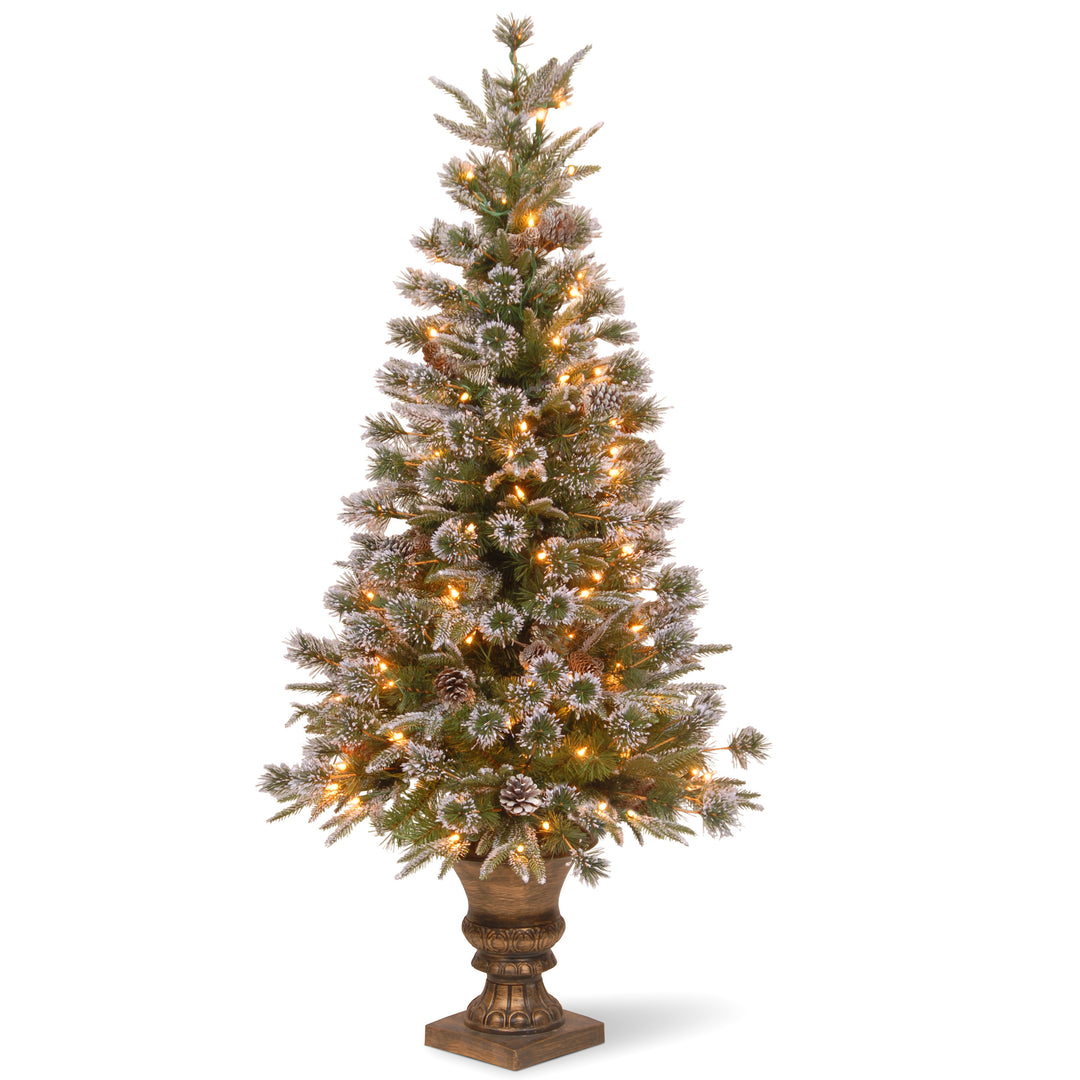 Pre-Lit Artificial Entrance Christmas Tree, Liberty Pine, Green, White Lights, Decorated with Pine Cones, Includes Metal Base, 4 Feet