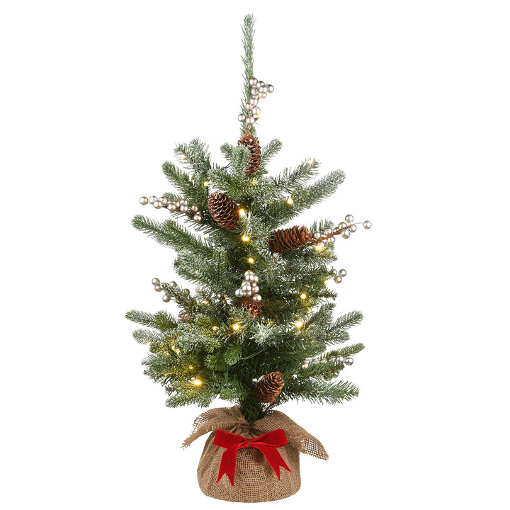 Pre-Lit Artificial Christmas Tree, Green, Snowy Morgan Spruce, White LED Lights, Decorated with Pine Cones, Includes Cloth Bag Base, Battery Operated, 2 Feet