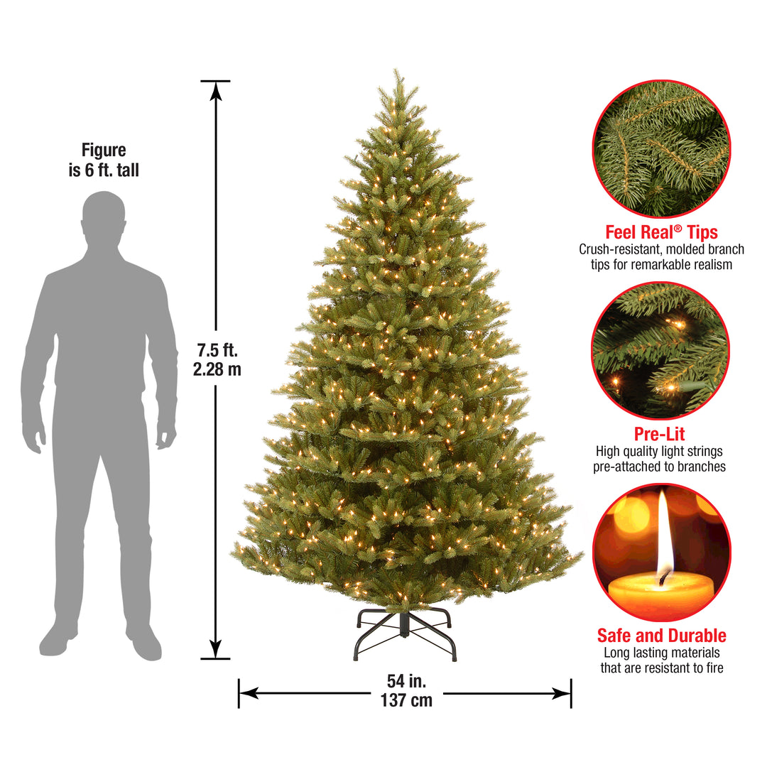 Pre-Lit 'Feel Real' Artificial Christmas Tree, Normandy Fir, Green, White Lights, Includes Stand, 7.5 Feet