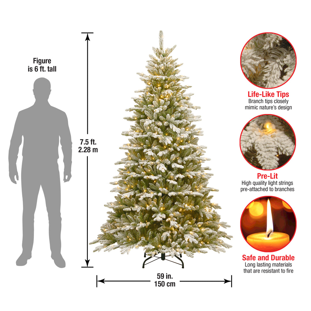 Pre-Lit 'Feel Real' Artificial Christmas Tree, Snowy Sierra Spruce, Green, White Lights, Includes Stand, 7.5 Feet