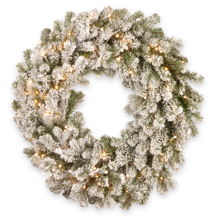 Pre-Lit 'Feel Real' Artificial Christmas Wreath, Green, Snowy Sheffield Spruce, White Lights, Decorated with Frosted Branches, Christmas Collection, 30 Inches
