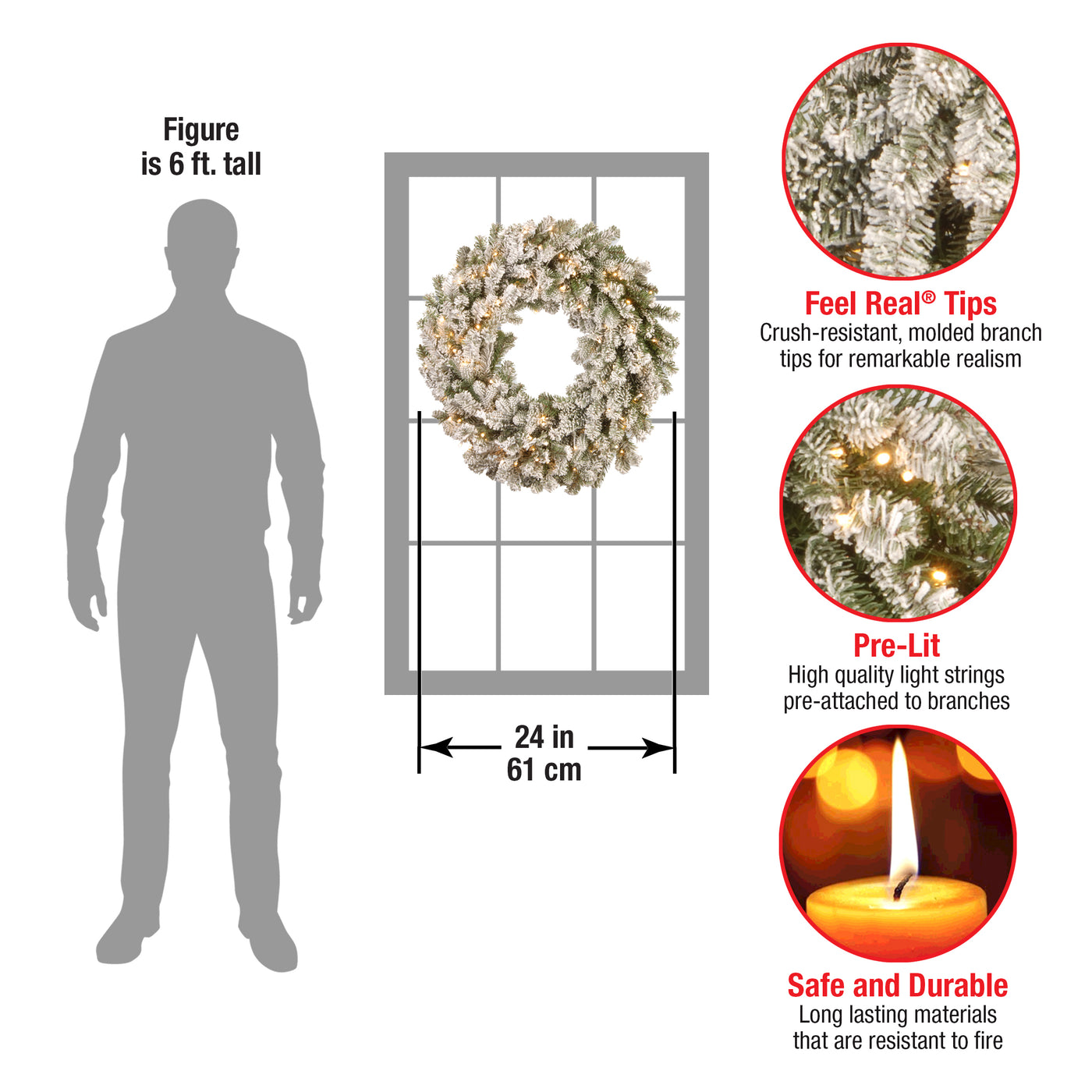 24 in. Pre-Lit Snowy Sheffield Spruce Wreath with Warm White LED Lights - National Tree Company