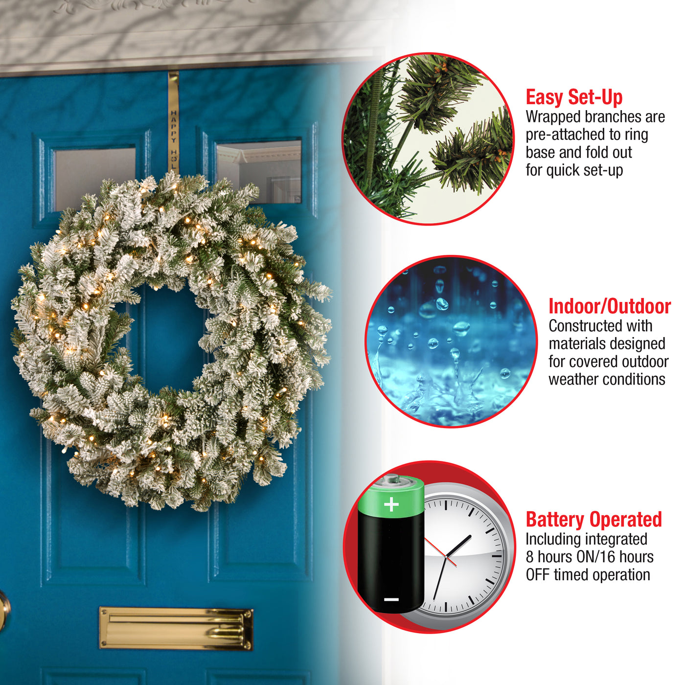 24 in. Pre-Lit Snowy Sheffield Spruce Wreath with Warm White LED Lights - National Tree Company