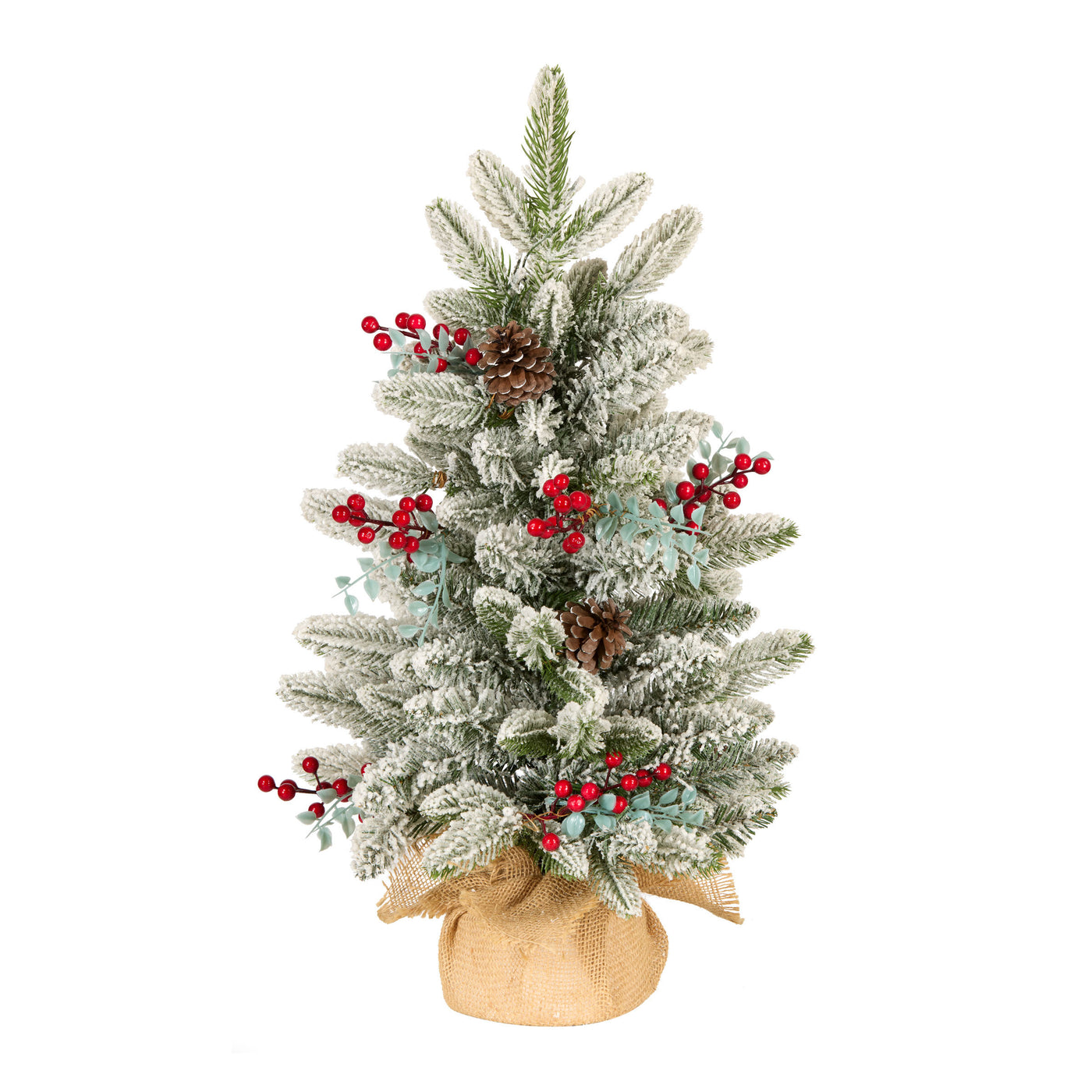 2 ft. Pre-Lit Feel Real Snowberry Pine Mini Flocked Christmas Tree in Burlap Base with Warm White LED Lights - National Tree Company