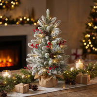 2 ft. Pre-Lit Feel Real Snowberry Pine Mini Flocked Christmas Tree in Burlap Base with Warm White LED Lights - National Tree Company