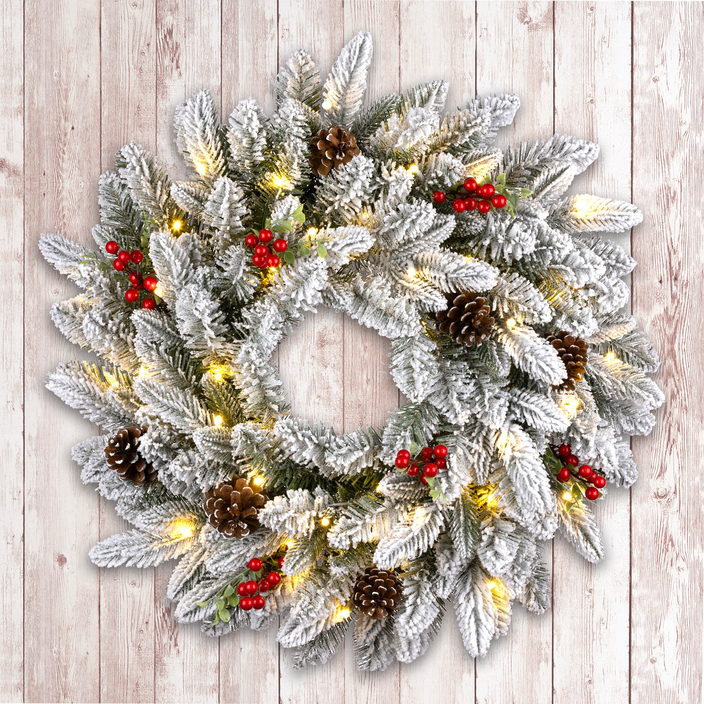 24 in. Snowberry Pine Wreath with LED Lights - National Tree Company