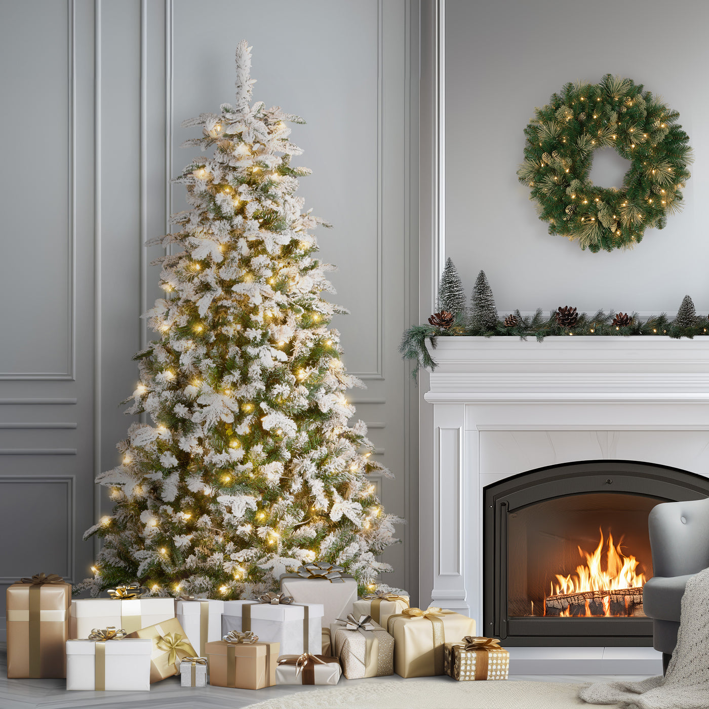 6.5 ft. Pre-Lit Snowy Everest Fir Medium Tree with Clear Lights - National Tree Company