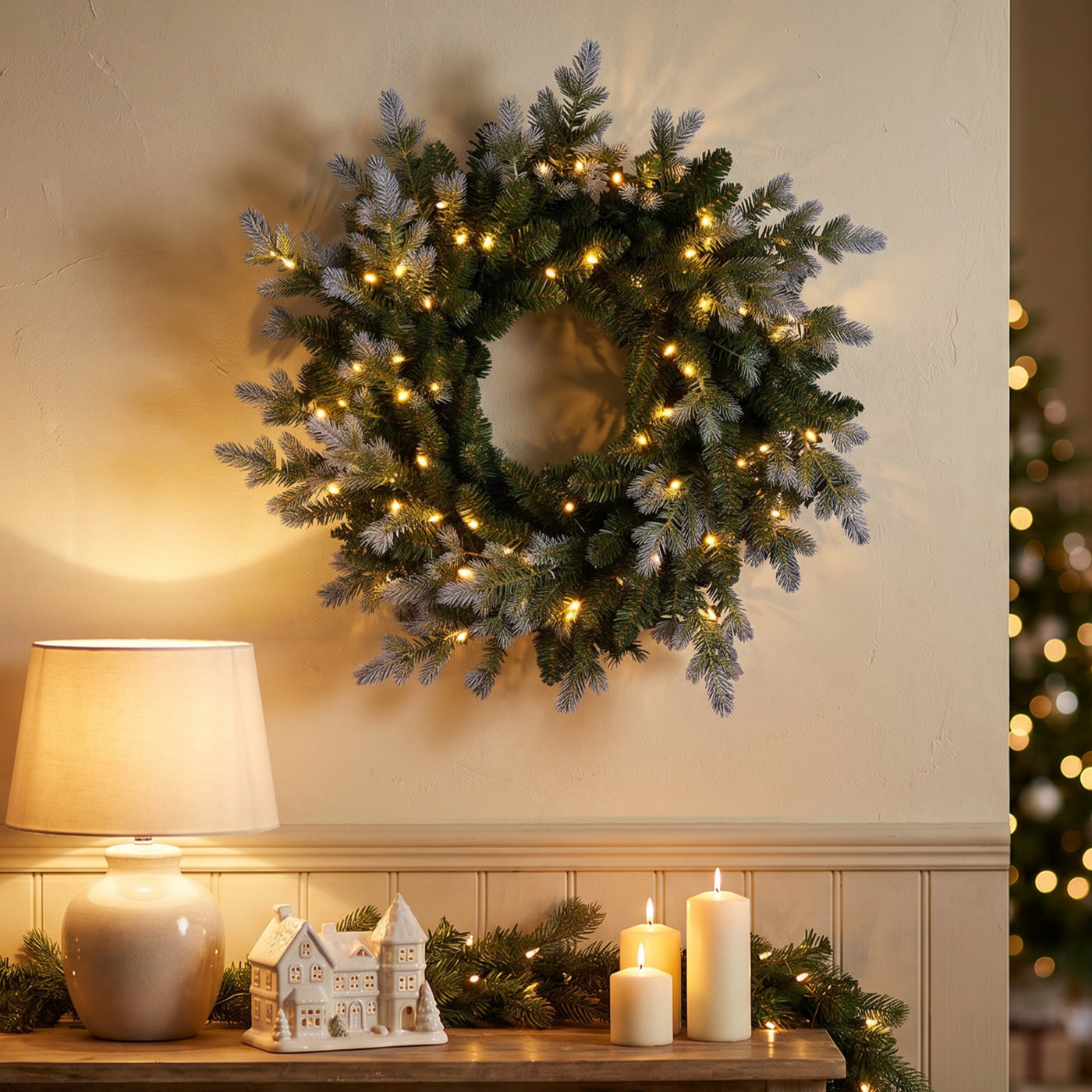 24 in. Pre-Lit Woodland Two-Toned Fir Wreath with Warm White LED Lights - National Tree Company