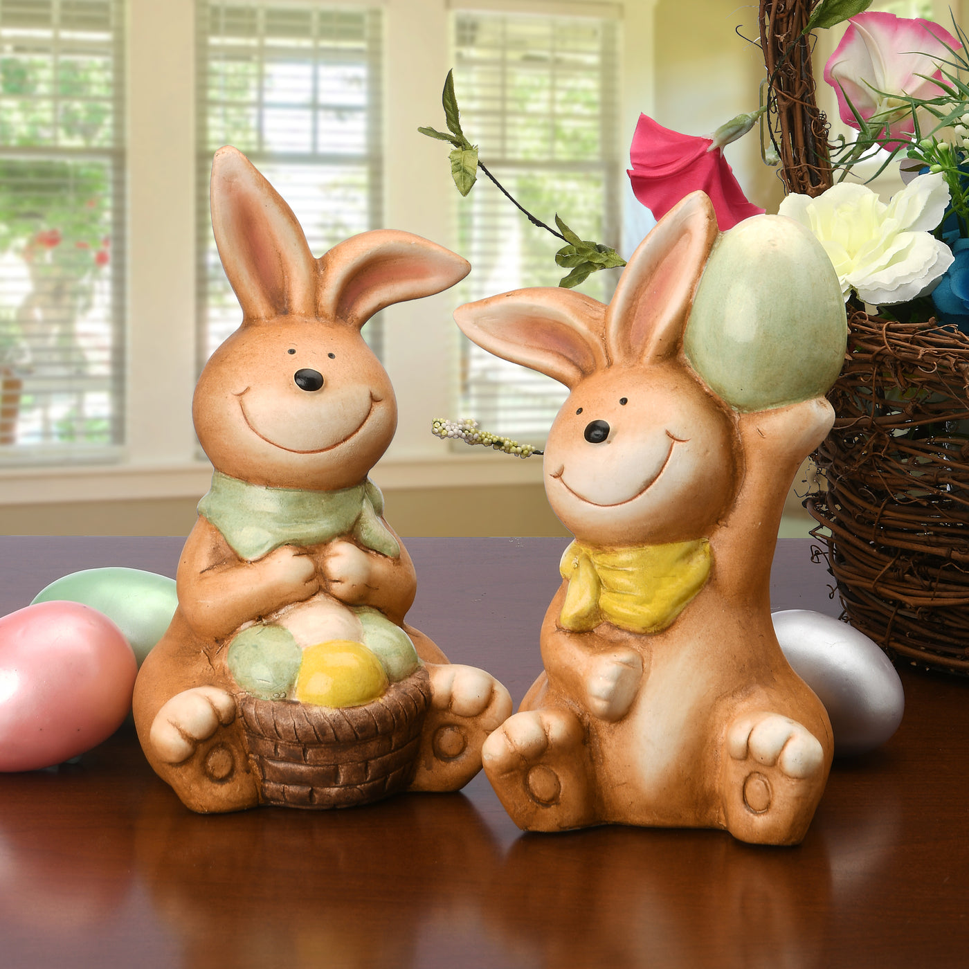 Bunnies holding EggsTable Decoration, Brown, Easter Collection, 7 Inches - National Tree Company