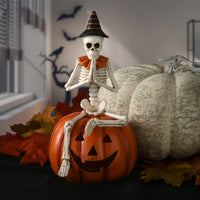 Halloween Trick or Treat Skeleton on Jack O' Lantern, White and Orange, LED Lights, 12 in - National Tree Company