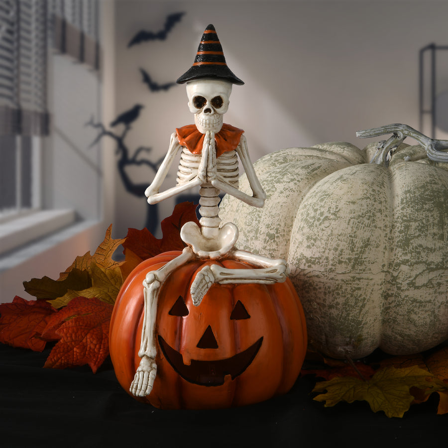 12 in. Halloween Trick or Treat Skeleton on Jack O Lantern with LED Lights