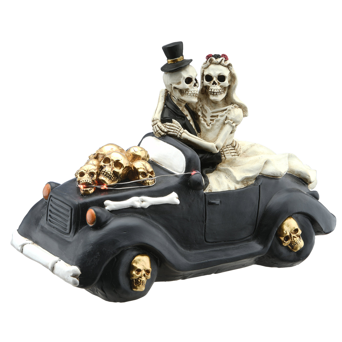 Halloween Skeleton Bride and Groom in Black Car, LED Lights, 8 in - National Tree Company