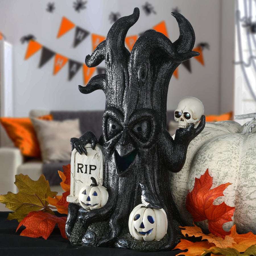 15 in. Halloween Tree Holding Skull and RIP Tombstone with LED Lights