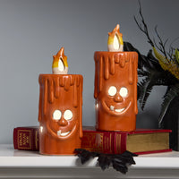 Halloween Pre-Lit Jack Porcelain Candle, Orange,  1 Multicolor LED Light, Set of 2, 7inch - National Tree Company