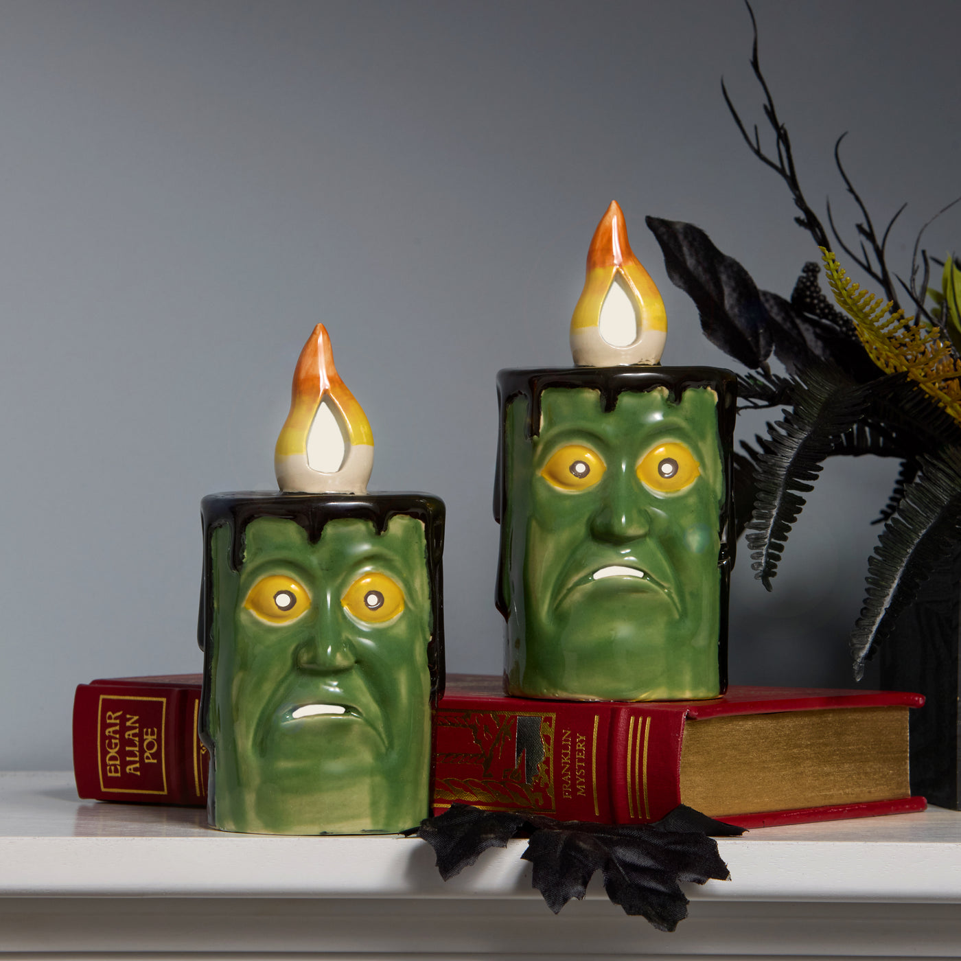 Halloween Pre-Lit Frankenstein Porcelain Candle, Green, 1 Multicolor LED Light, Set of 3, 6inch - National Tree Company