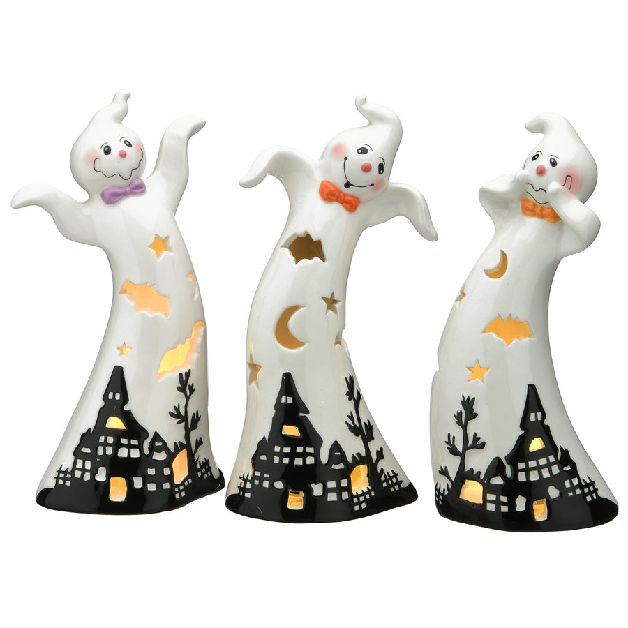 Halloween Three Dancing Ghosts Ceramic Decoration, LED Lights, Pack of 3, 7 in - National Tree Company