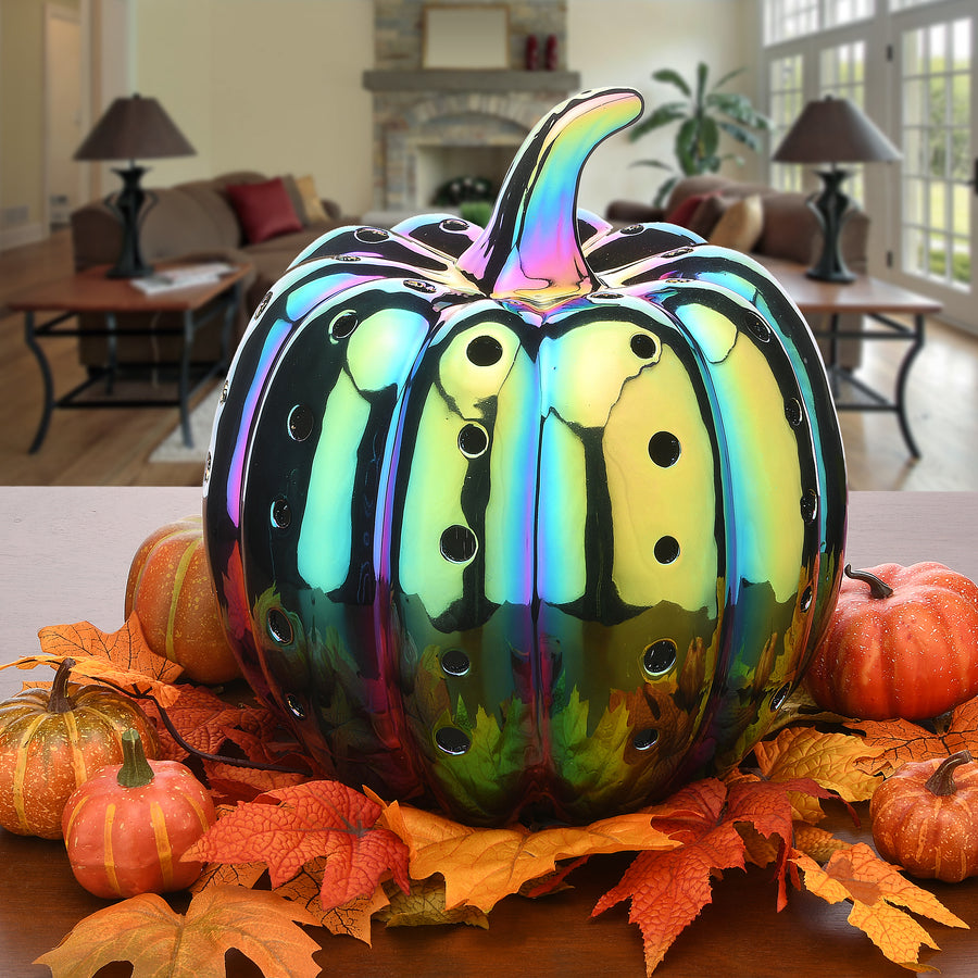 12 in. Halloween Ceramic Iridescent Purple Pumpkin with Multi Color LED Lights