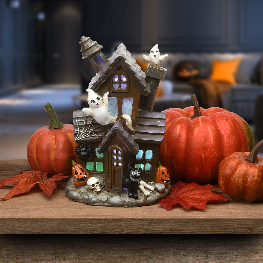 6 in. Halloween Pre-Lit Black Haunted House Decoration with LED Lights