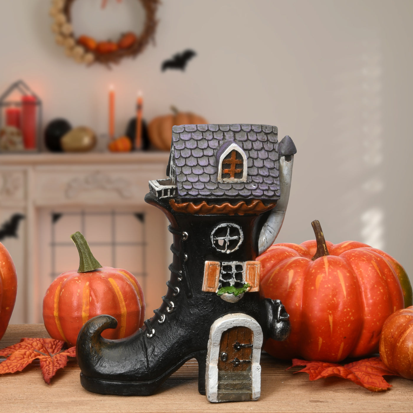 Halloween Pre-Lit Haunted Boot House Decoration, LED Lights, 6 Inches - National Tree Company