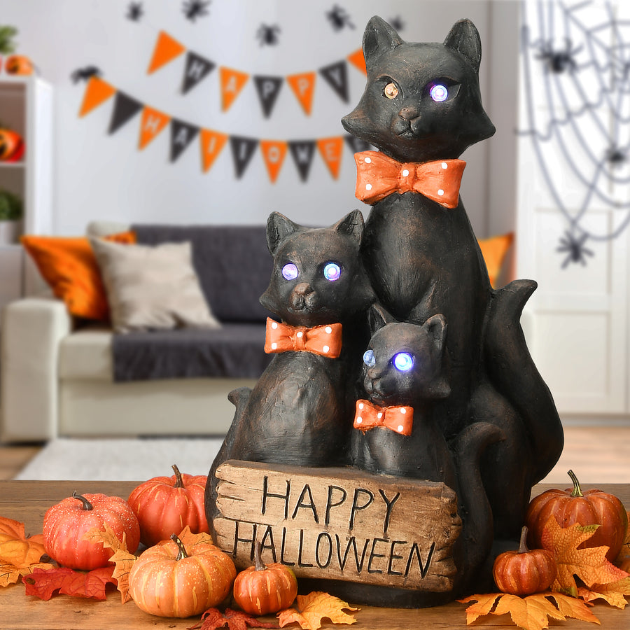 21 in. Halloween 3 Black Cats with Happy Halloween Sign and Multi Color LED Lights