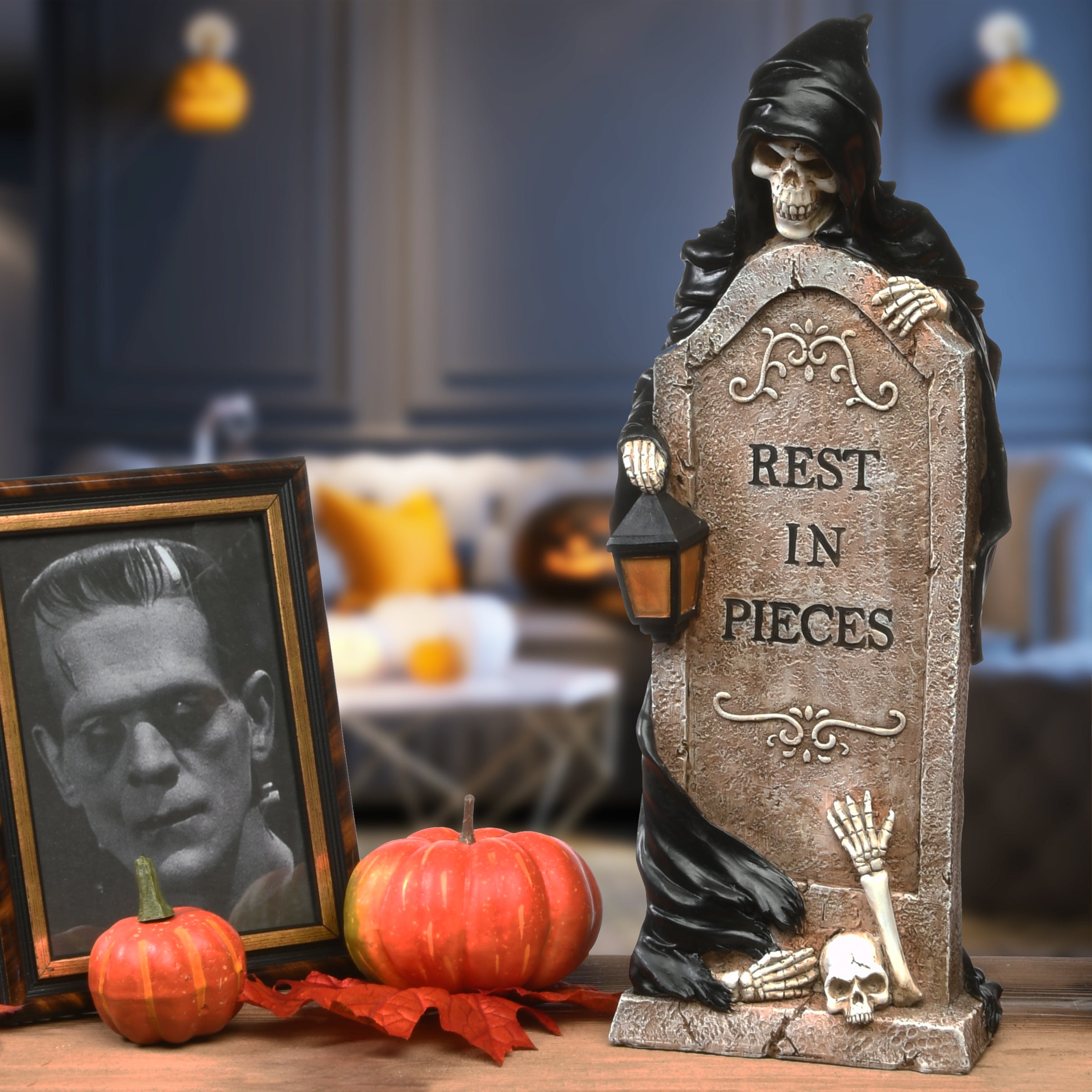 Halloween Skeleton Grim Reaper Standing with a Gravestone Decoration National Tree Company
