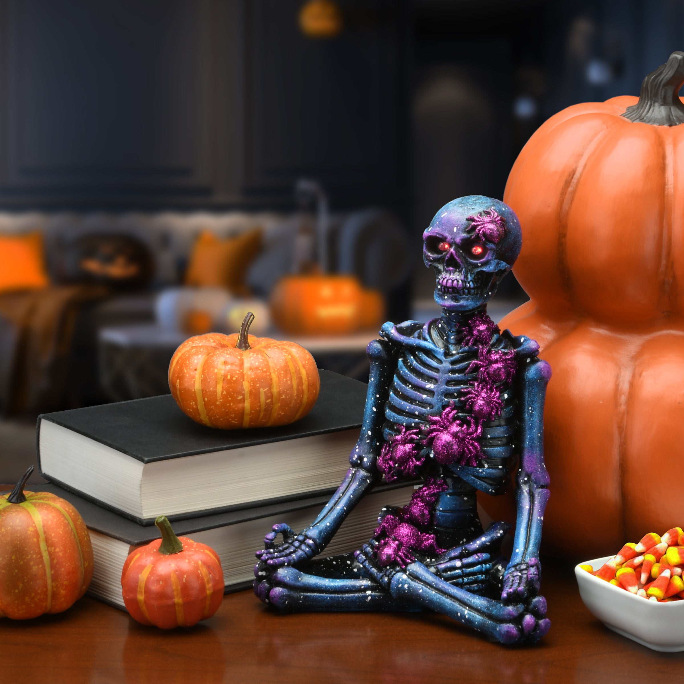 10 in. Halloween Purple Galaxy Meditating Skeleton with LED Lights